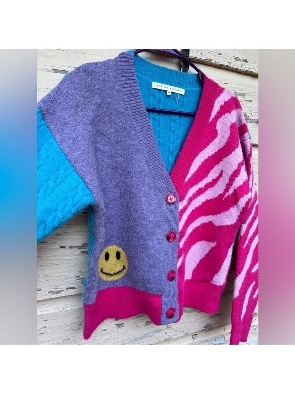 English Factory Combination V-Neck Zebra Print Color Block Cardigan Sweater Xs — image 4 of 8